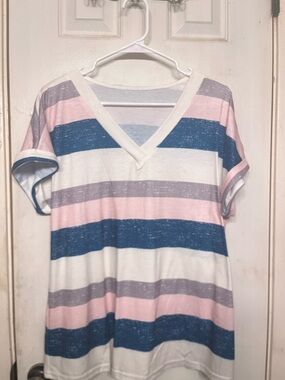Striped V-Neck Short Sleeve Top in Pink, Blue & White